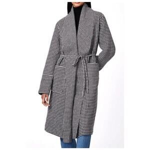 Bernardo Houndstooth Double Face Longline Coat Wool Blend Belted Wrap